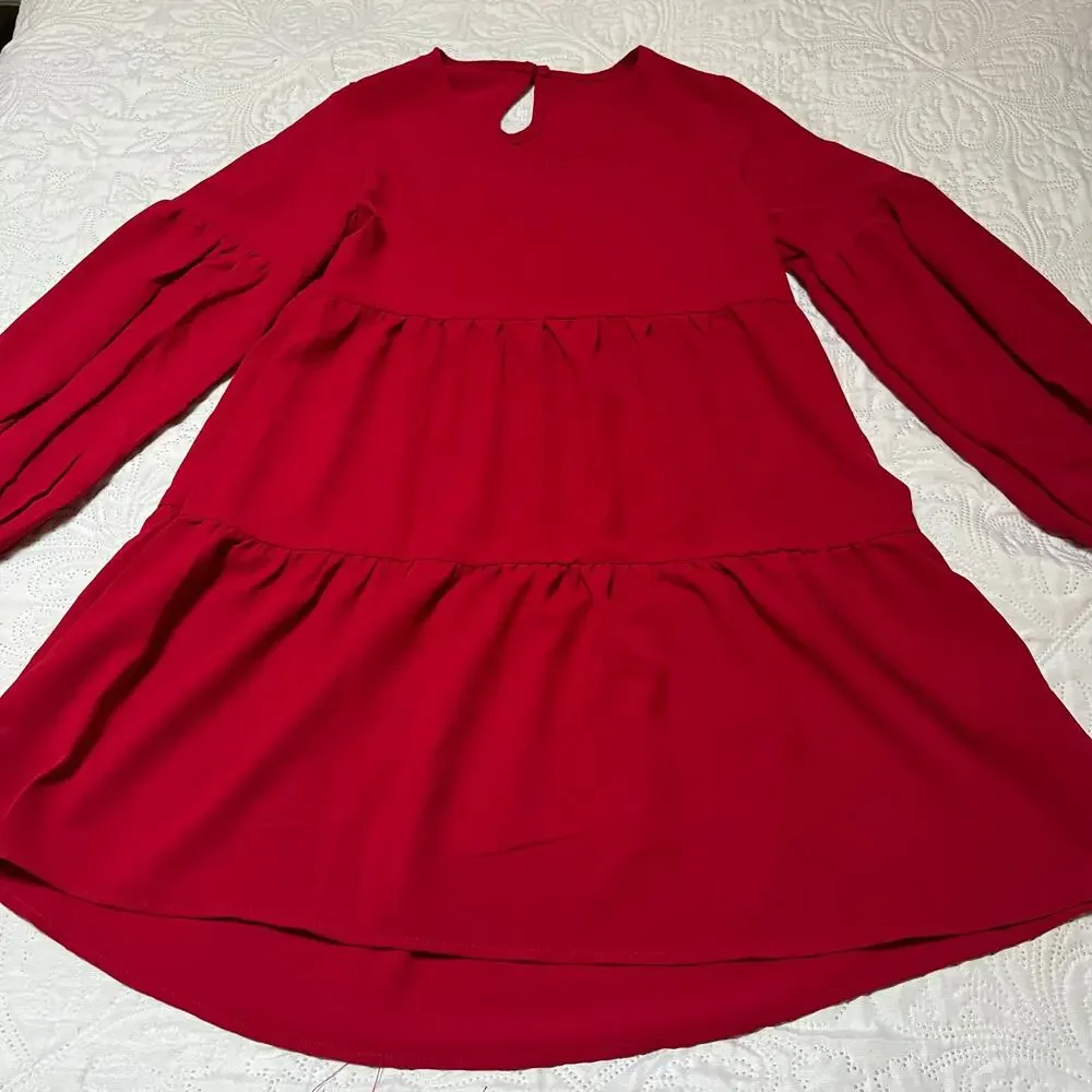 Tiered Long Sleeve Solid Red Dress